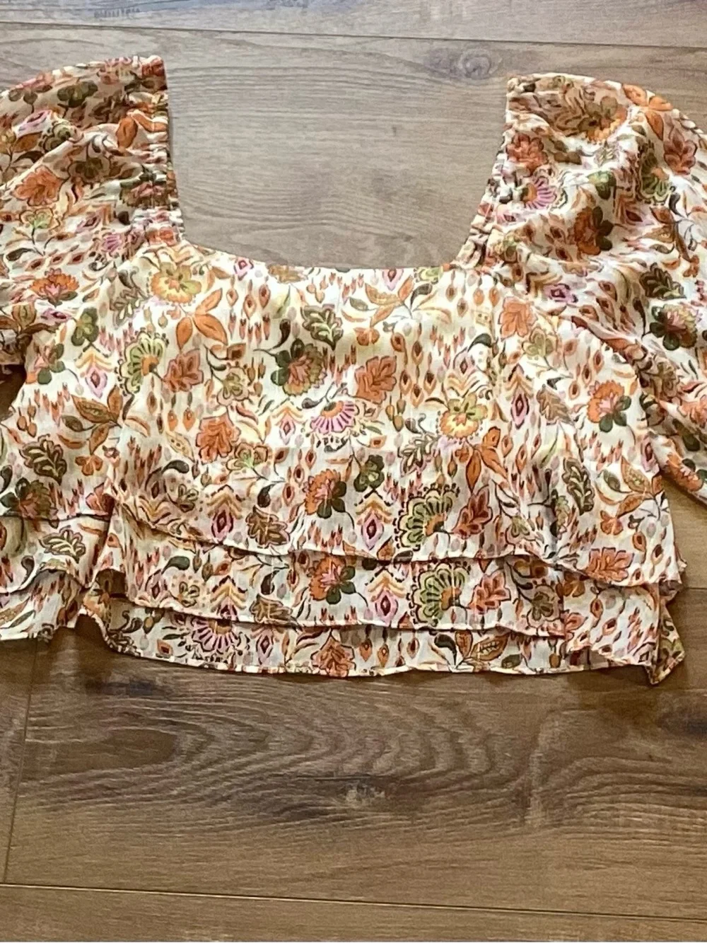 Pink Lily Orange‎ Floral Square-Neck Peasant Blouse